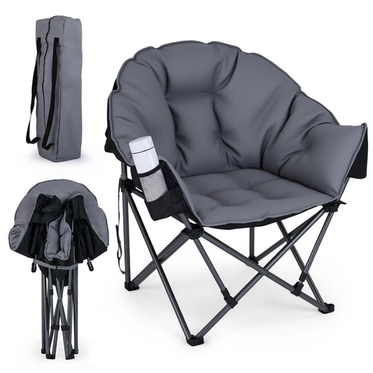 Heavy-Duty Folding Oxford Chair with padded seat and cup holder, shown unfolded and with its carry bag and folded form