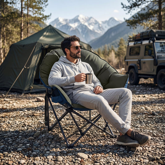 Man sitting in the padded folding chair with a mug in a woodland setting
