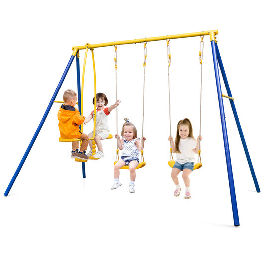Heavy-Duty Kids Playset with four seats in a blue and yellow metal frame