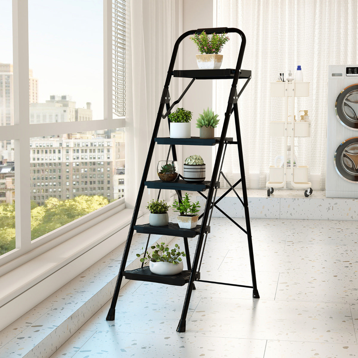 The metal ladder used as a display stand for various small potted plants in a room