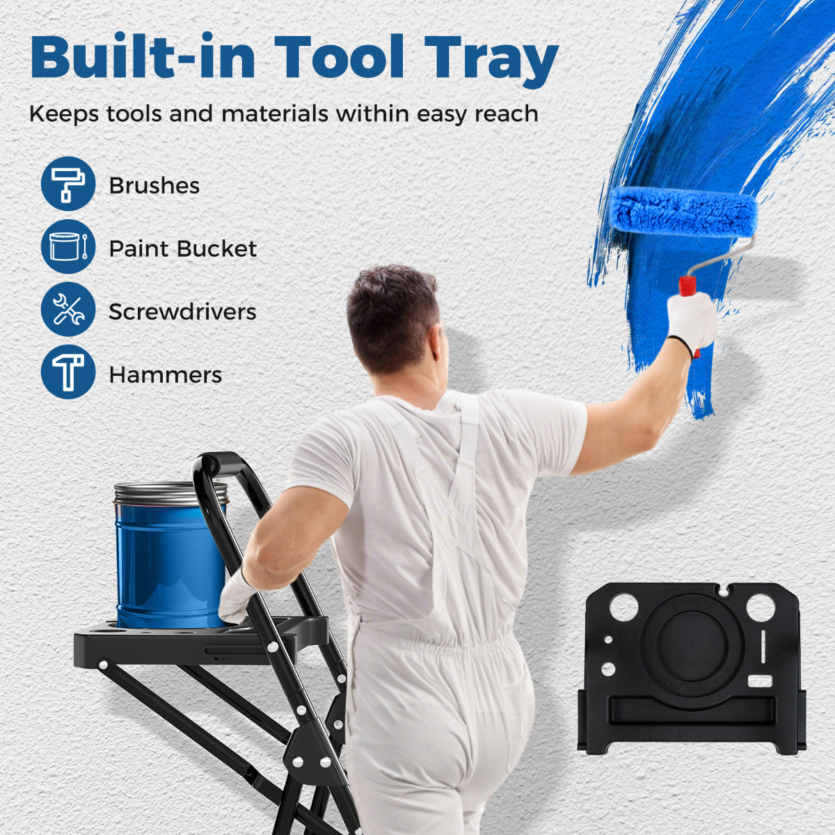 The metal ladder top tray being used to hold a paint bucket while a man paints a wall