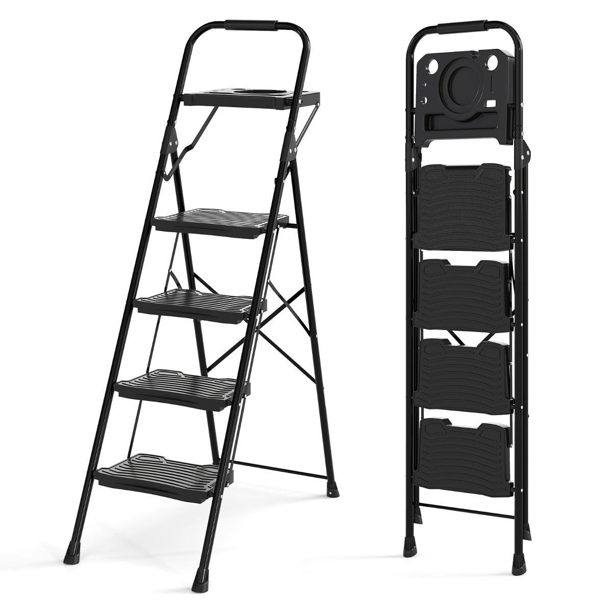 Heavy-Duty Metal 4 Step Ladder with Anti-Slip Wide Pedals shown open and folded in black