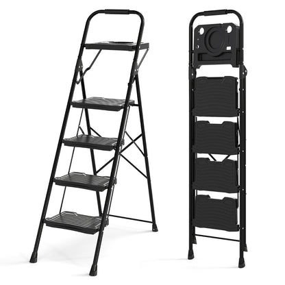 Heavy-Duty Metal 4 Step Ladder with Anti-Slip Wide Pedals shown open and folded in black