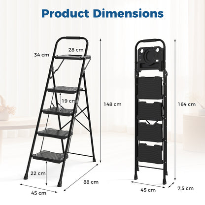 The metal ladder showing height and width dimensions for the open and closed positions