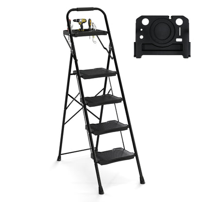 The metal step ladder with a drill on the top tray and a separate view of the tray