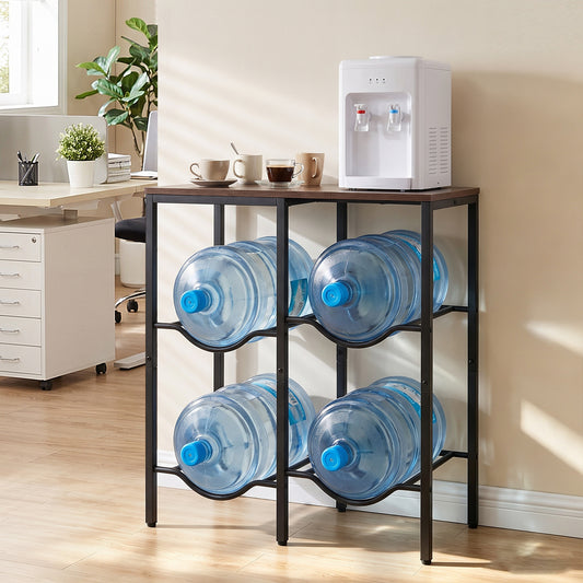 The baker's rack holds four large water cooler bottles in an office setting
