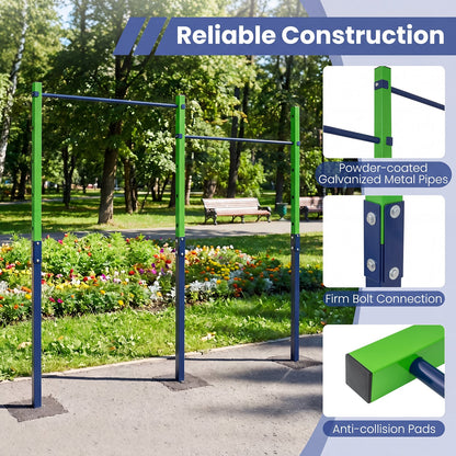 Close up of the construction of the blue and green pull up bar station