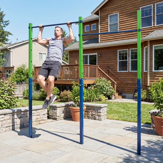 Man doing pull ups on the blue and green pull up bar station outdoors