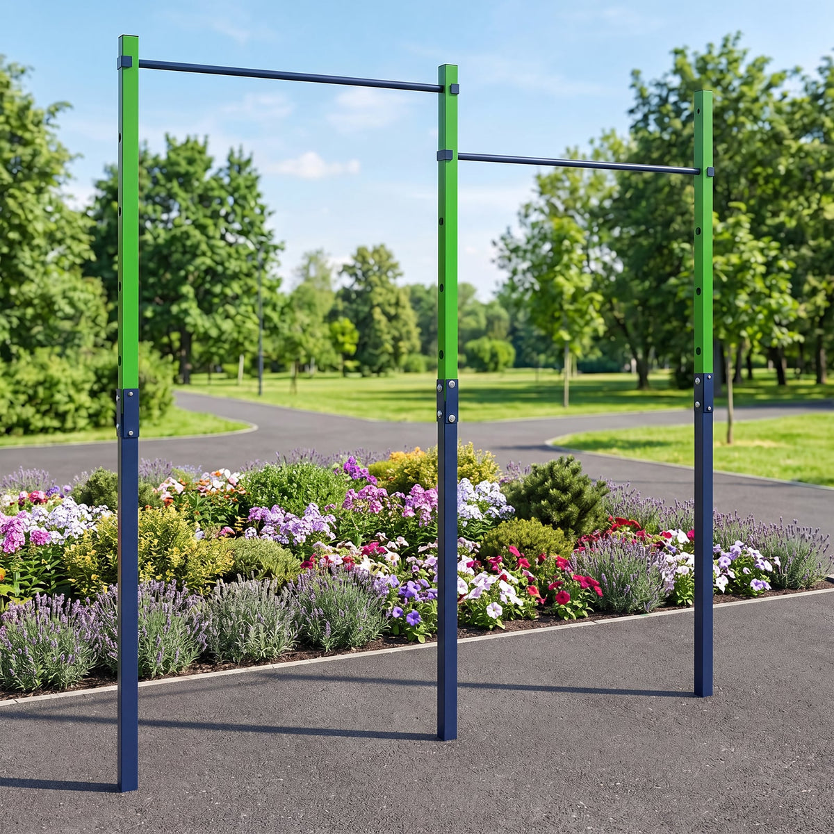The blue and green pull up bar station set up in a park with flowers