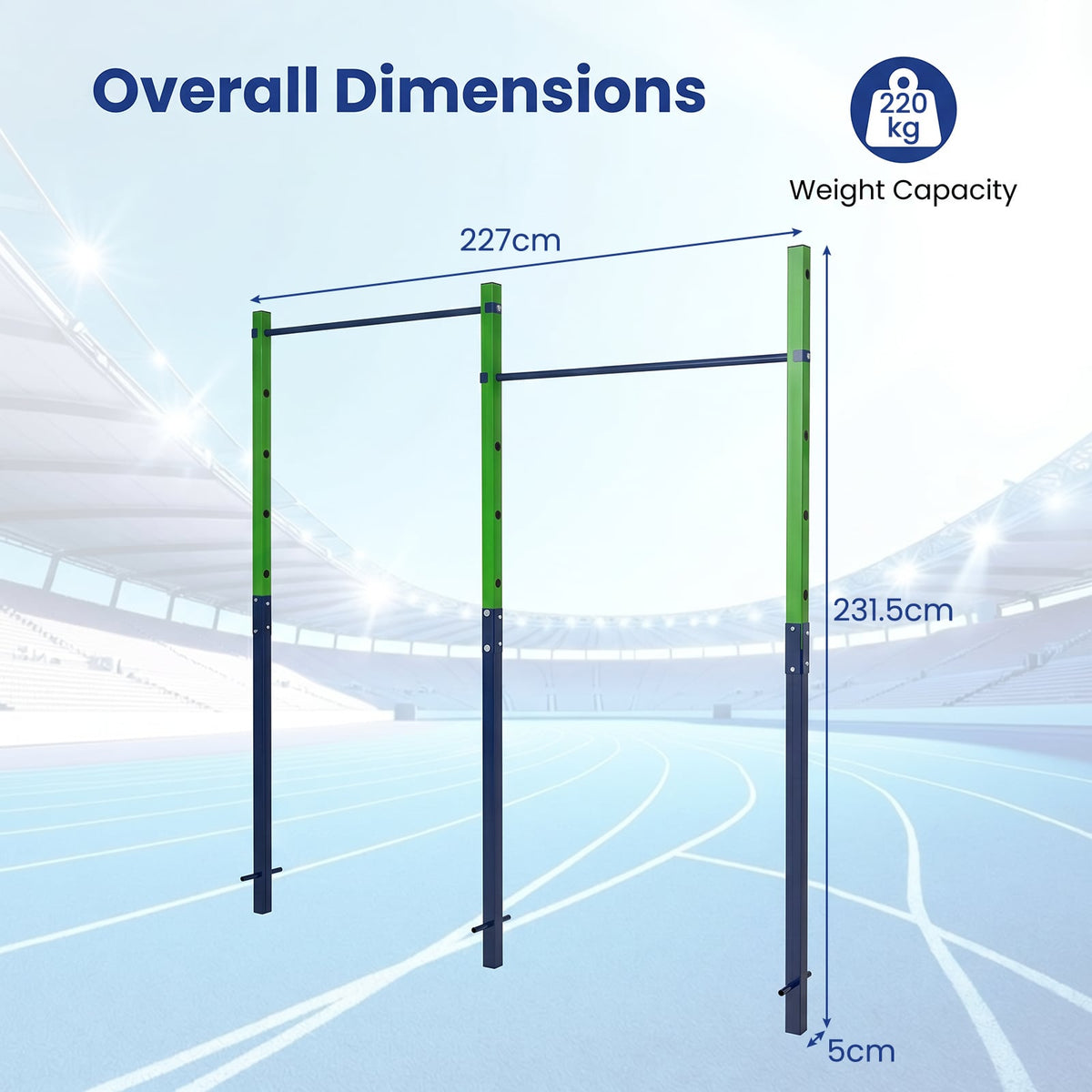 Dimensions diagram for the blue and green pull up bar station