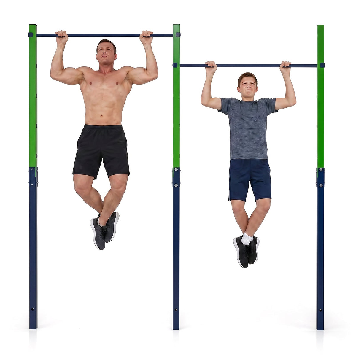 Man and boy doing pull ups on the blue and green pull up bar station