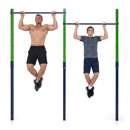 Man and boy doing pull ups on the blue and green pull up bar station