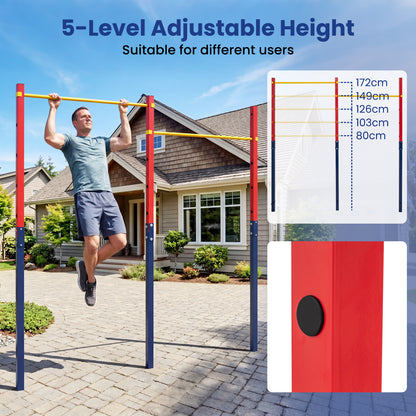 The pull up bar station showing 5 levels of adjustable height for different users