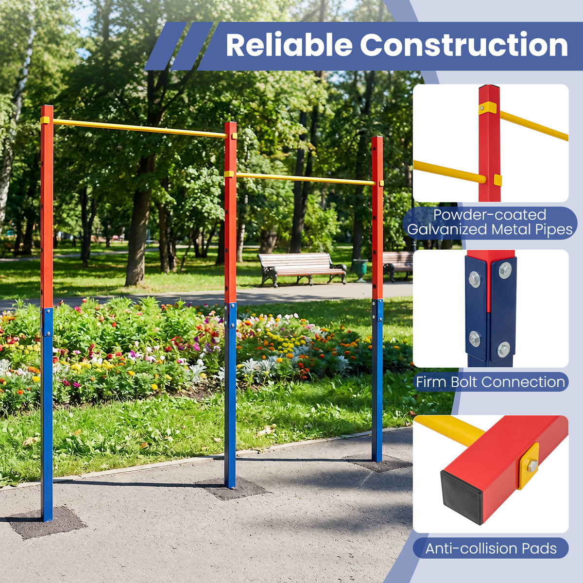 Close up of the pull up bar station showing construction details and anti-collision pads