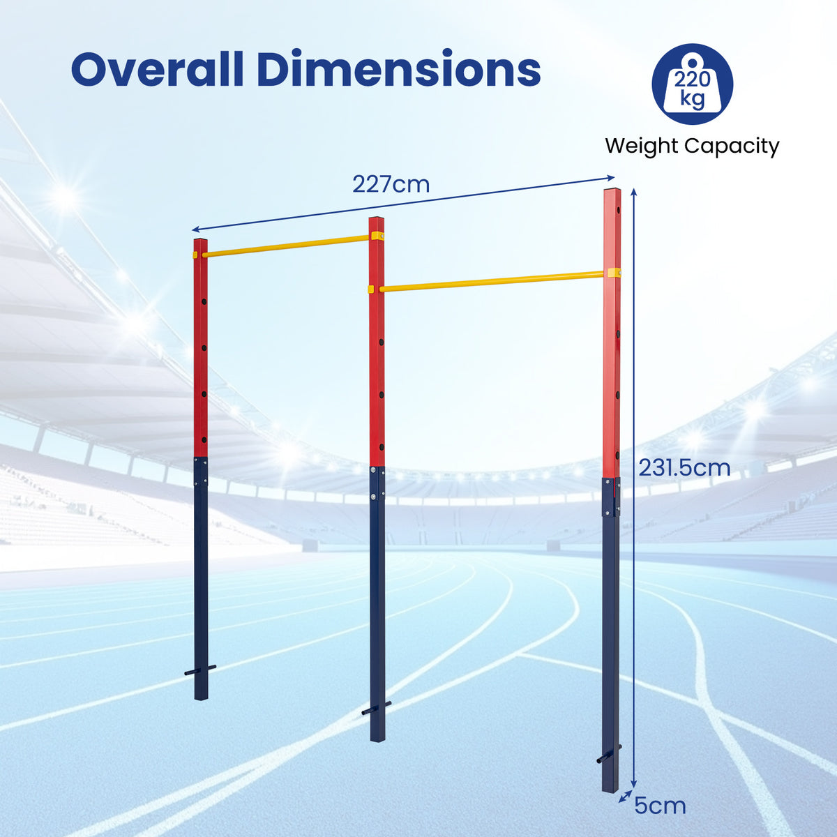 The pull up bar station with dimensions and weight capacity shown