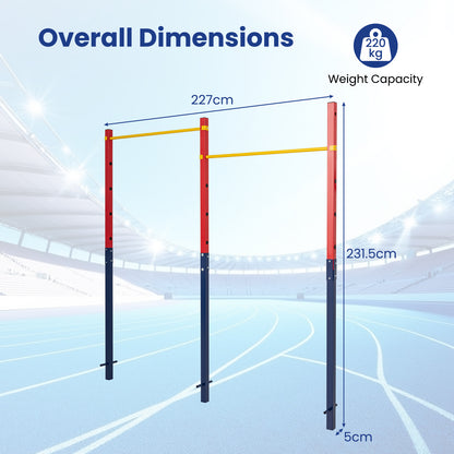 The pull up bar station with dimensions and weight capacity shown