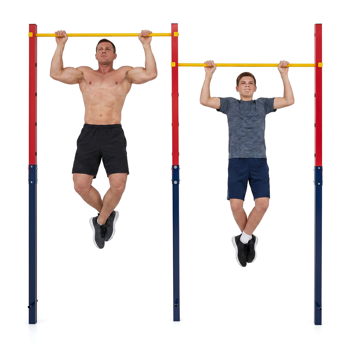 An adult and a child doing pull ups on the red and blue pull up bar station