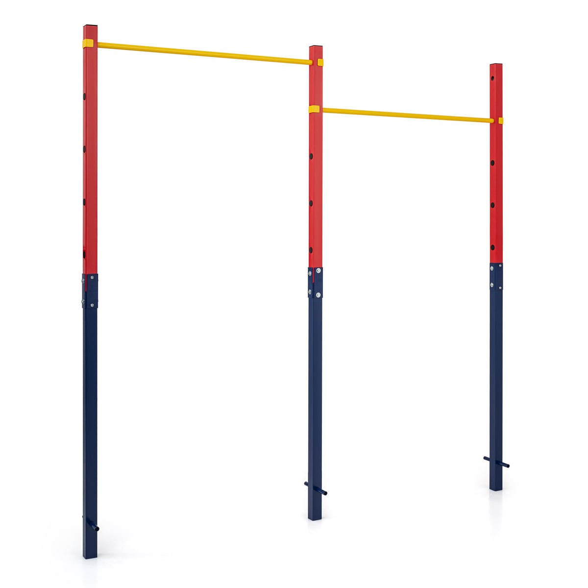 Heavy Duty Metal Pull Up Bar Station with 5 Adjustable Heights-Red, a red and blue frame with yellow pull up bars