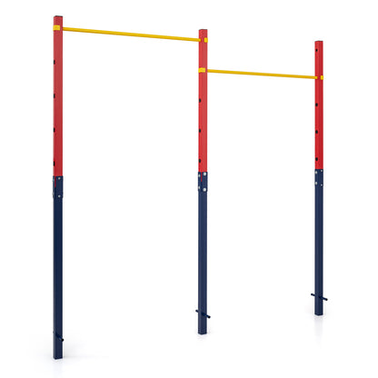 Heavy Duty Metal Pull Up Bar Station with 5 Adjustable Heights-Red, a red and blue frame with yellow pull up bars
