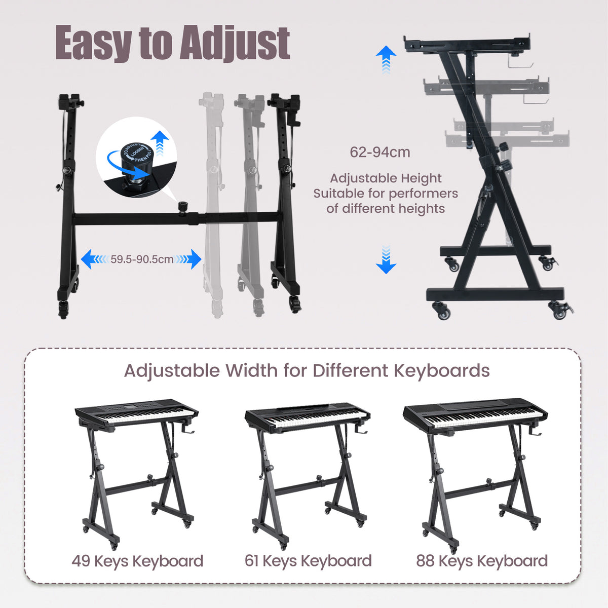 Diagram showing the electric piano stand adjustable for different keyboard sizes
