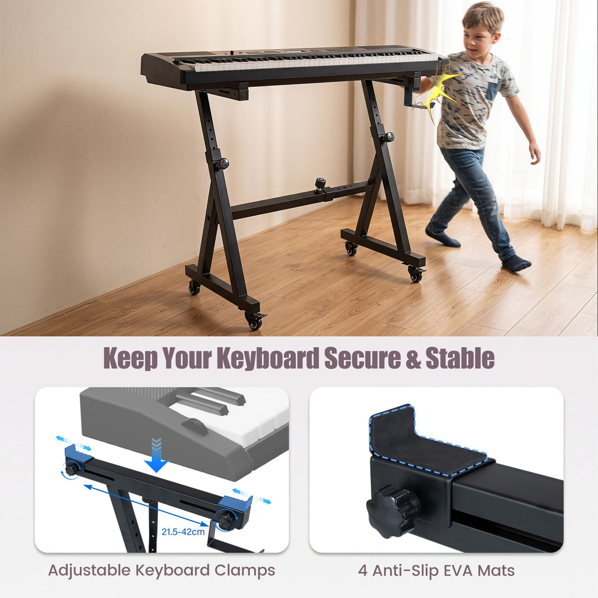 Close-up of the electric piano stand showing adjustable clamps and anti-slip mats