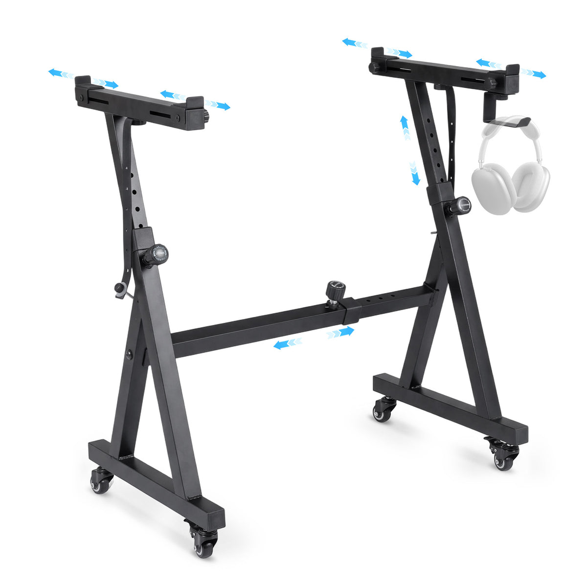 The electric piano stand with a headphone hook shown with arrows indicating adjustability