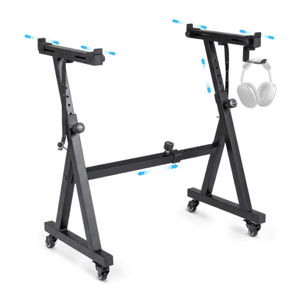 The electric piano stand with a headphone hook shown with arrows indicating adjustability