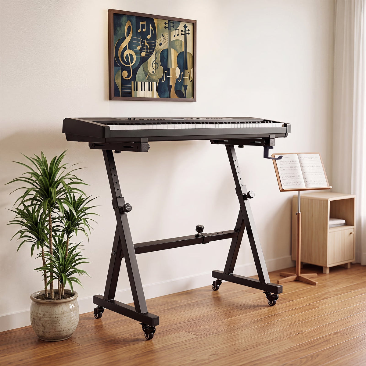 The electric piano stand holding a keyboard in a living room with a plant and artwork