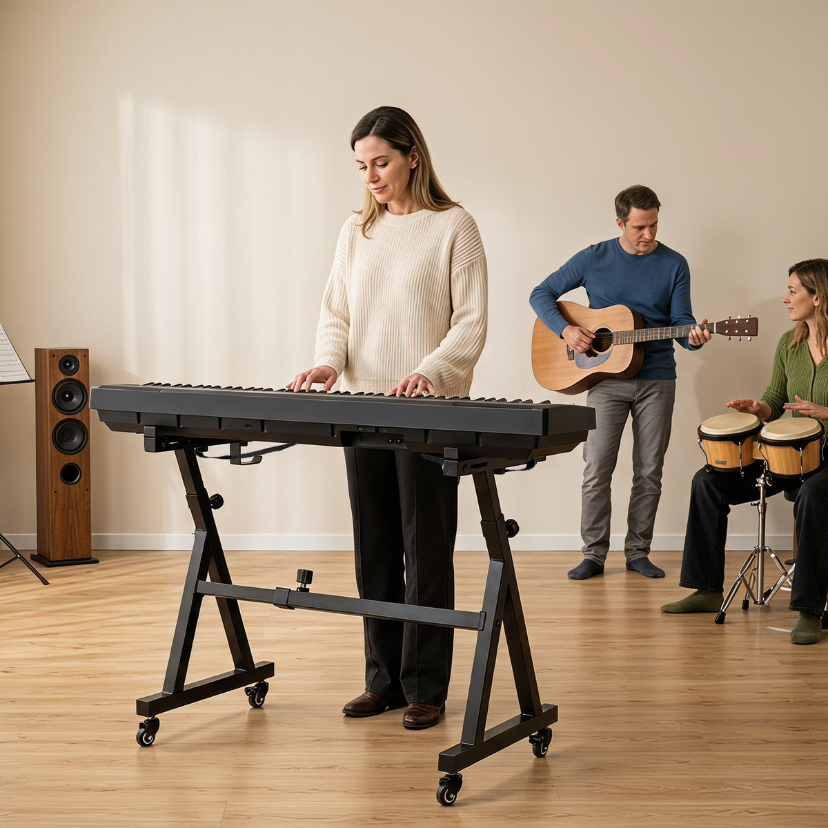 People playing music with the electric piano stand in a studio setting