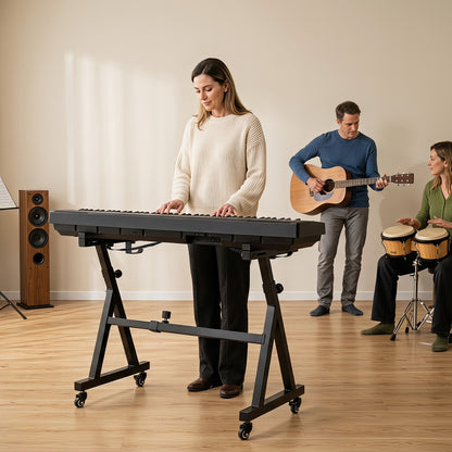 People playing music with the electric piano stand in a studio setting