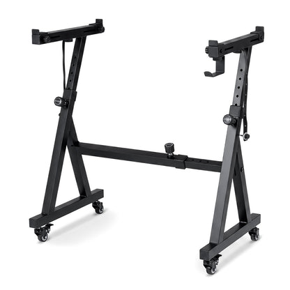 Heavy-Duty Piano Stand with headphone hook, a black metal frame with wheels