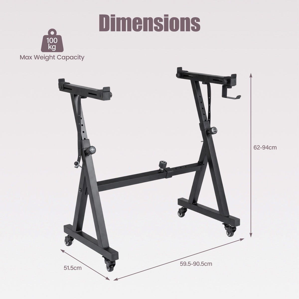 Dimensions diagram of the black electric piano stand with measurements shown