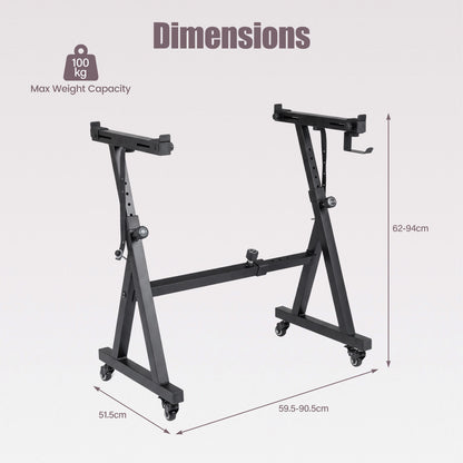 Dimensions diagram of the black electric piano stand with measurements shown