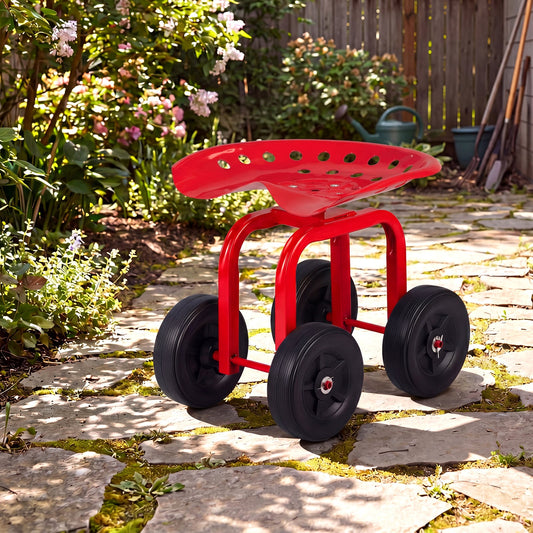 Red rolling garden cart with swivel seat positioned on a garden path