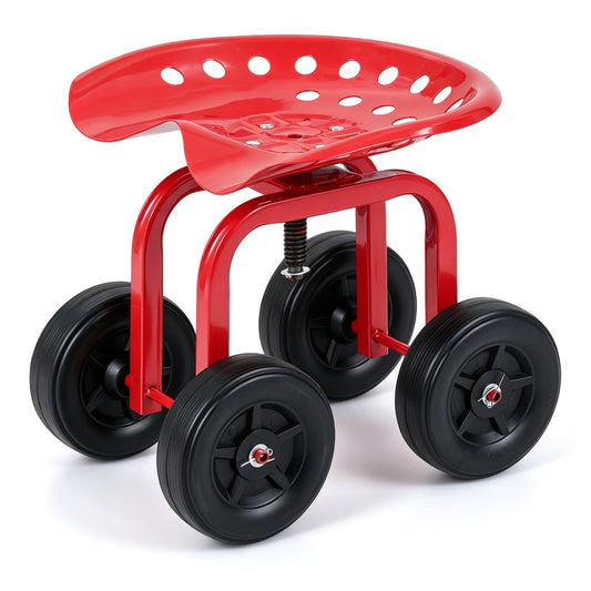Heavy-Duty Rolling Garden Cart with a red adjustable swivel seat and four black wheels