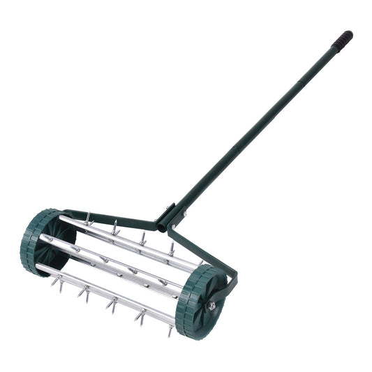 Heavy Duty Rolling Grass Lawn Garden Aerator with green wheels and a long handle