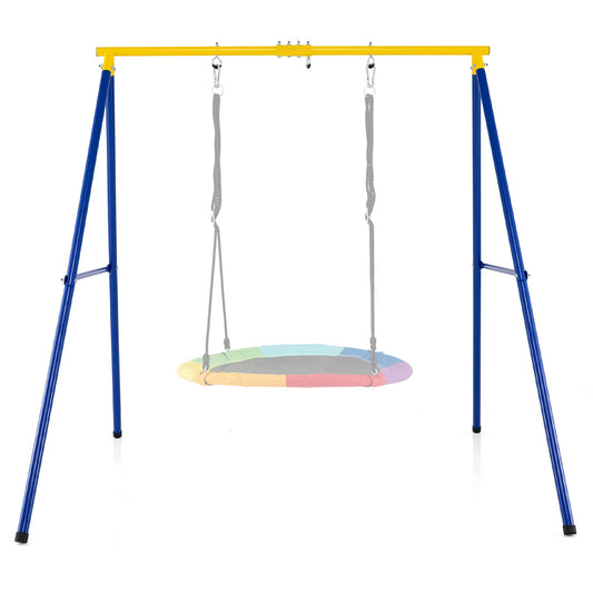 Heavy Duty Steel Swing Frame A-frame stand in yellow and blue with a rainbow swing seat hanging from it