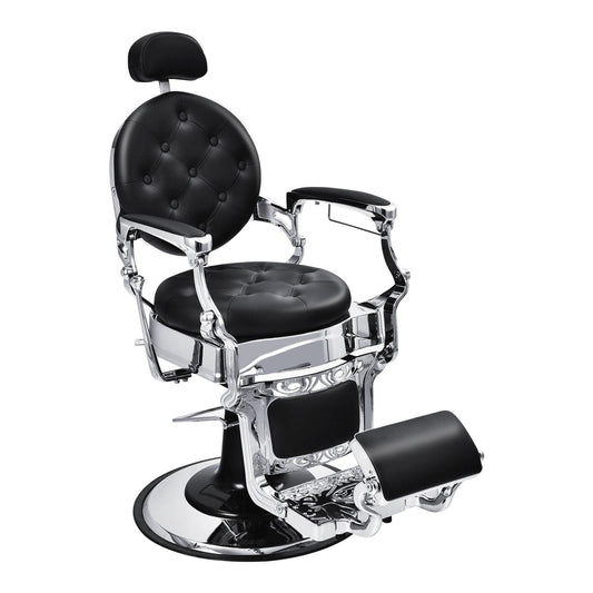 Height Adjustable 360° Swivel Vintage Salon Barber Chair in black with chrome accents