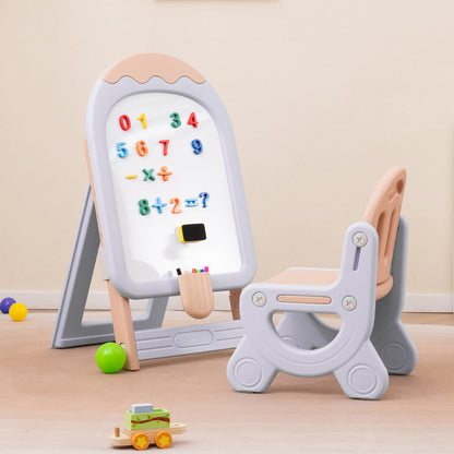 The kids art easel with magnetic letters and numbers on the whiteboard