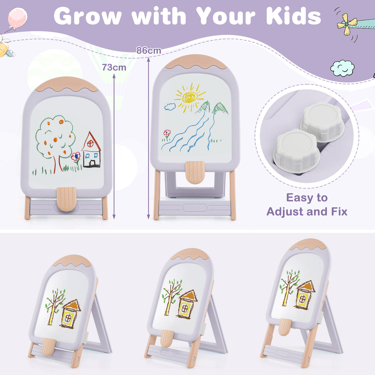 Diagram showing how to adjust the height of the kids art easel