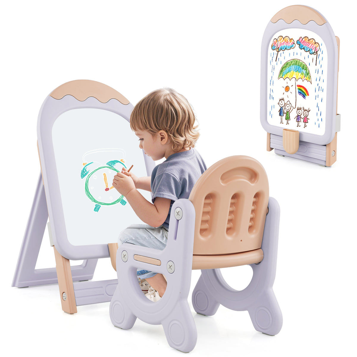 Height-adjustable and Foldable Standing Kids Art Easel with chair in pink and purple, with a child drawing on the whiteboard