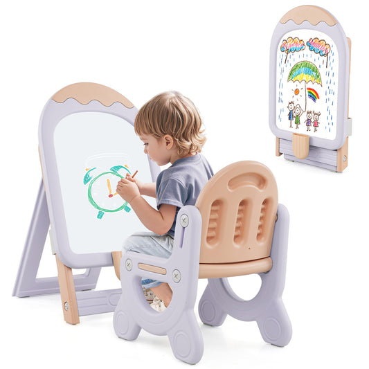 Height-adjustable and Foldable Standing Kids Art Easel with chair in pink and purple, with a child drawing on the whiteboard