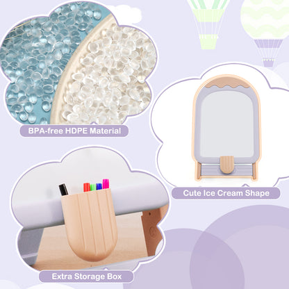 Close up of BPA-free HDPE material and extra storage box on the kids art easel