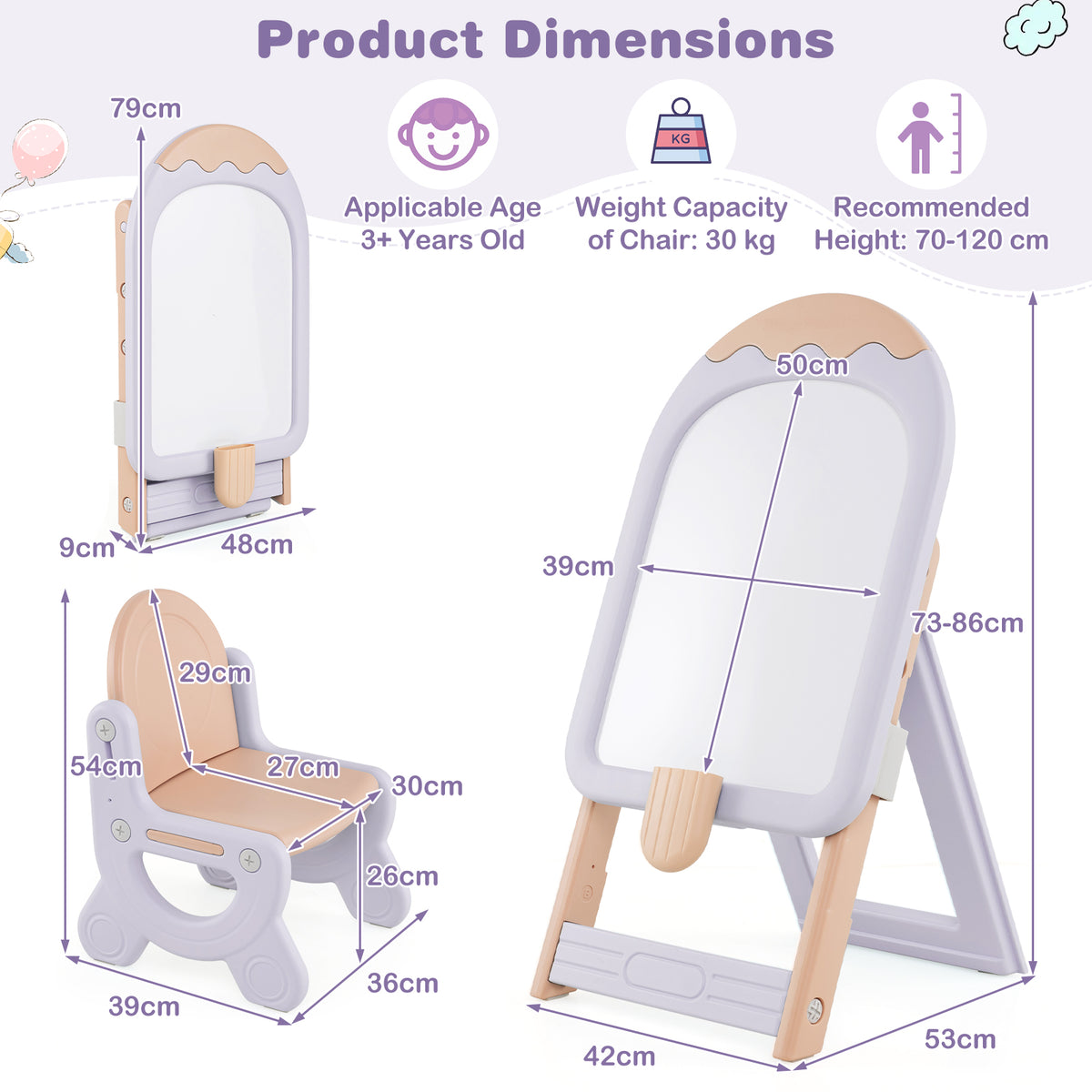 Product dimensions diagram for the kids art easel and chair