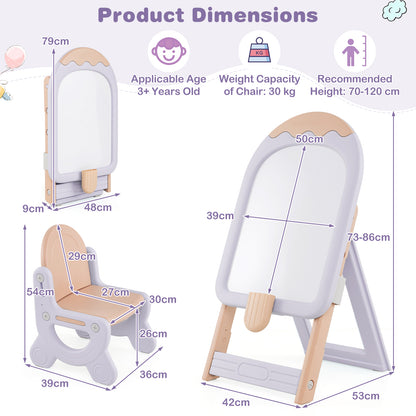 Product dimensions diagram for the kids art easel and chair