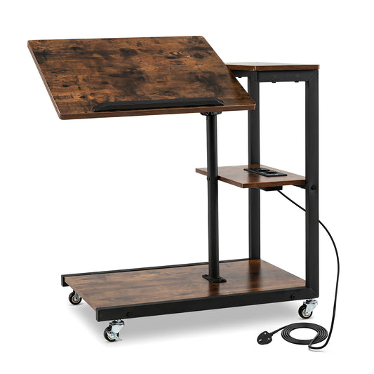 Height Adjustable C Table with tiltable top and charging station on wheels