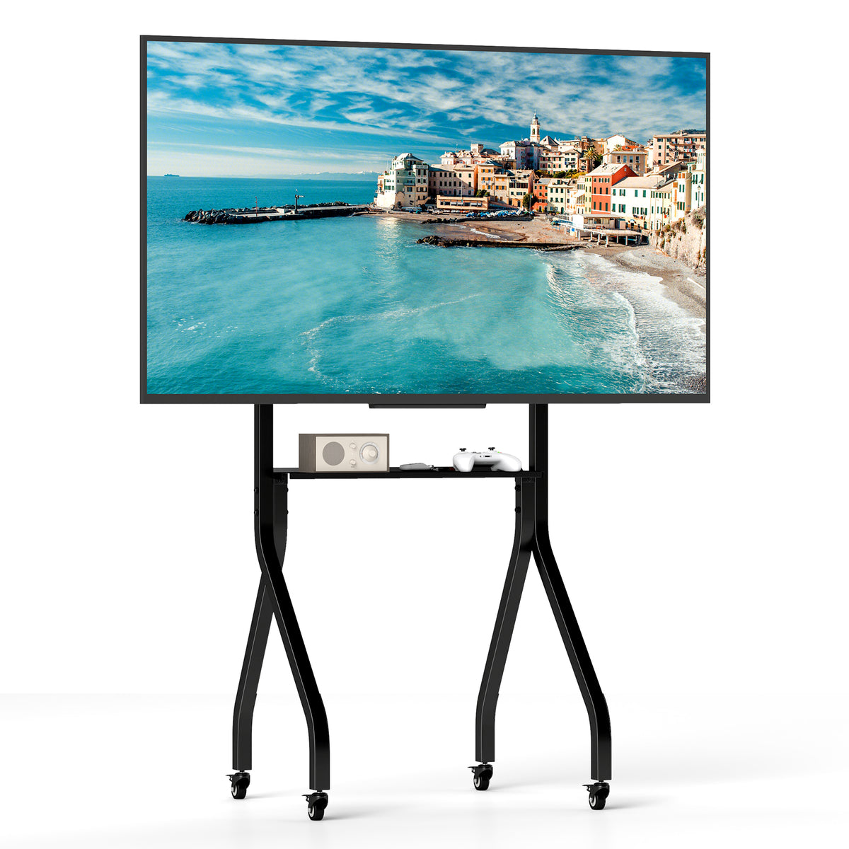 Floor TV stand with AV shelf and a TV mounted