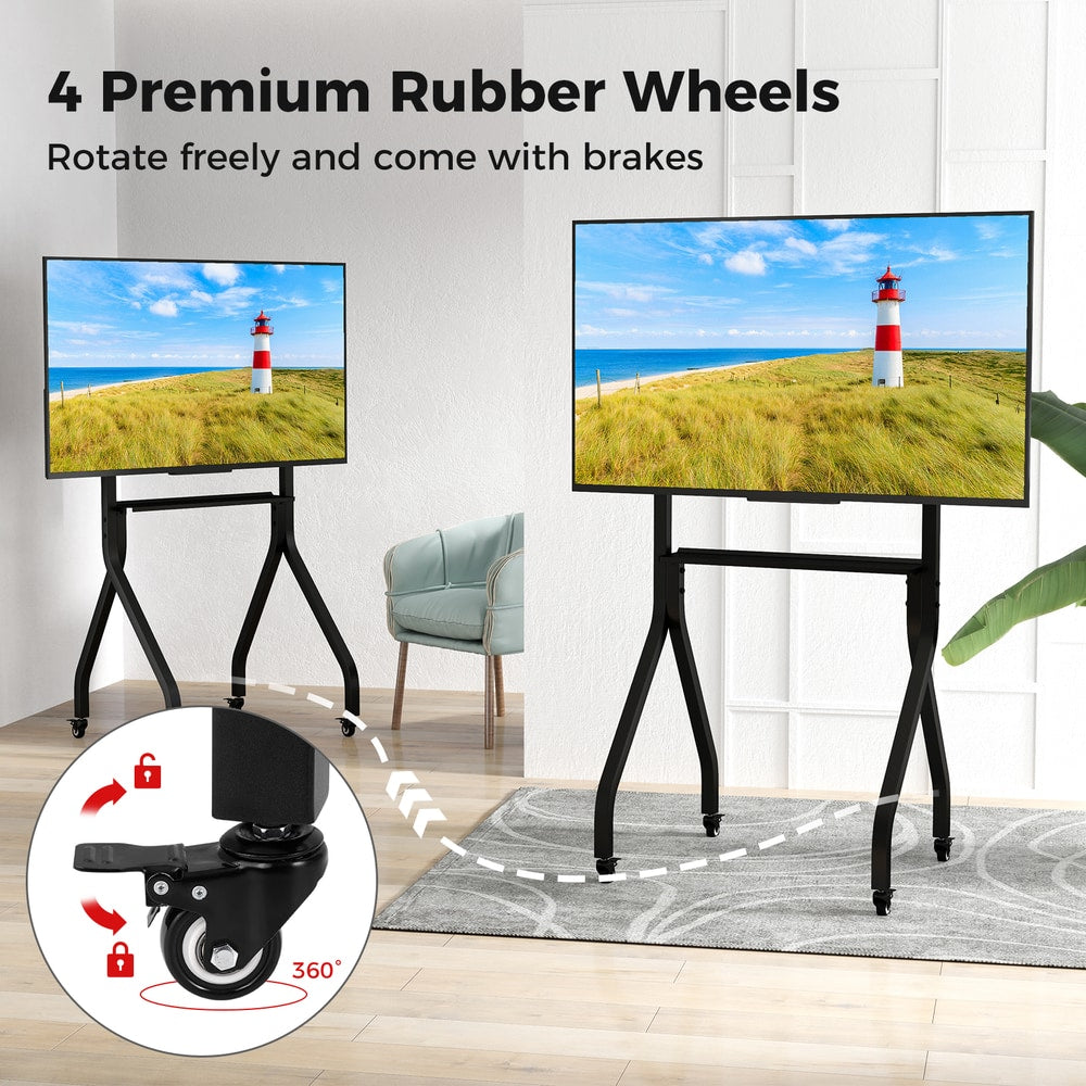 Floor TV stand with four premium rubber wheels that rotate and brake