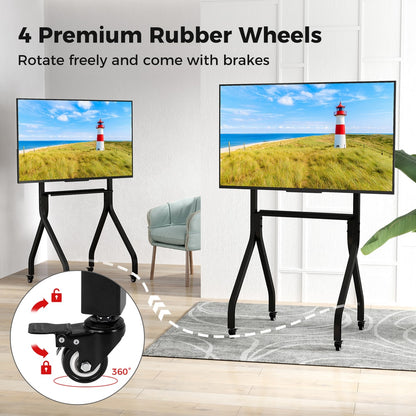 Floor TV stand with four premium rubber wheels that rotate and brake