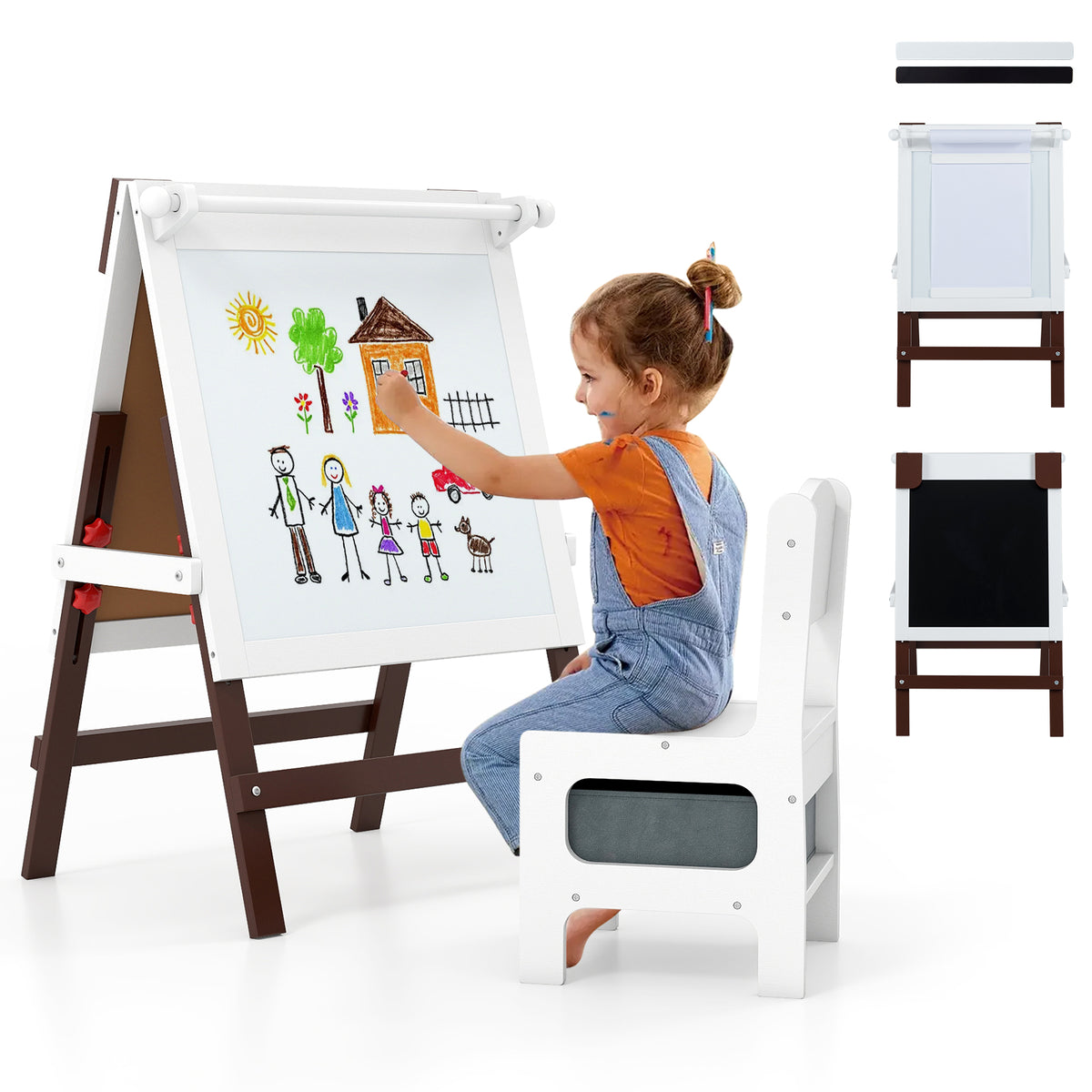 This art easel has a whiteboard and a chalkboard, shown with a child using it